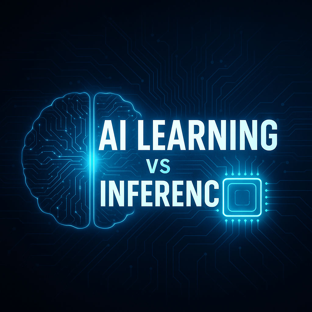 AI学習と推論の違いを象徴的に表現した未来的ビジュアル。左に発光する脳と“AI LEARNING”の文字、右にチップと“INFERENCE”の文字が対比的に配置されている。
