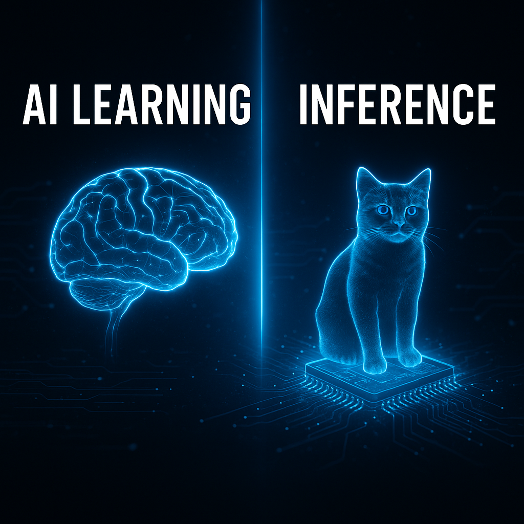 AI学習と推論の違いを未来的に表現したビジュアル。左に発光する脳と“AI LEARNING”の文字、右にチップ上に立つホログラム猫と“INFERENCE”の文字が、中央の光で分けられて対比されている。